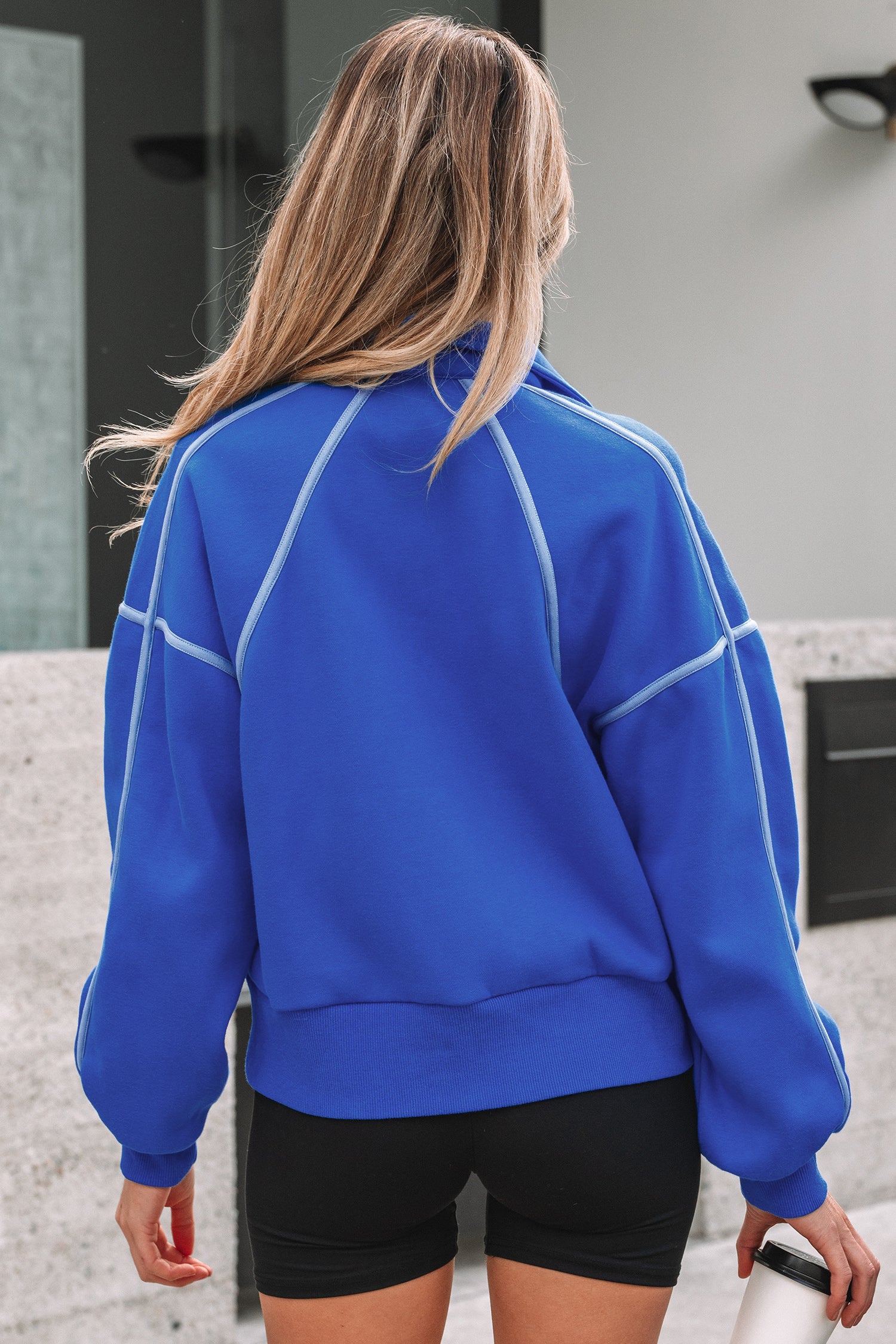 Sky Blue Button up Collared Exposed Seam Chic Sweatshirt