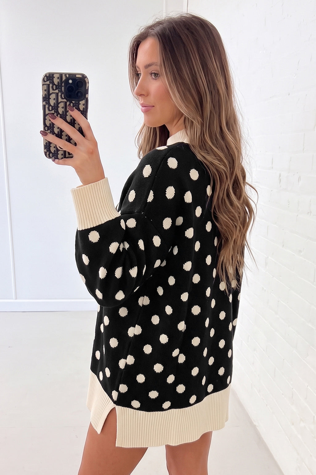 Red Polka Dot Pattern Ribbed Colorblock Trim Split Tunic Sweater