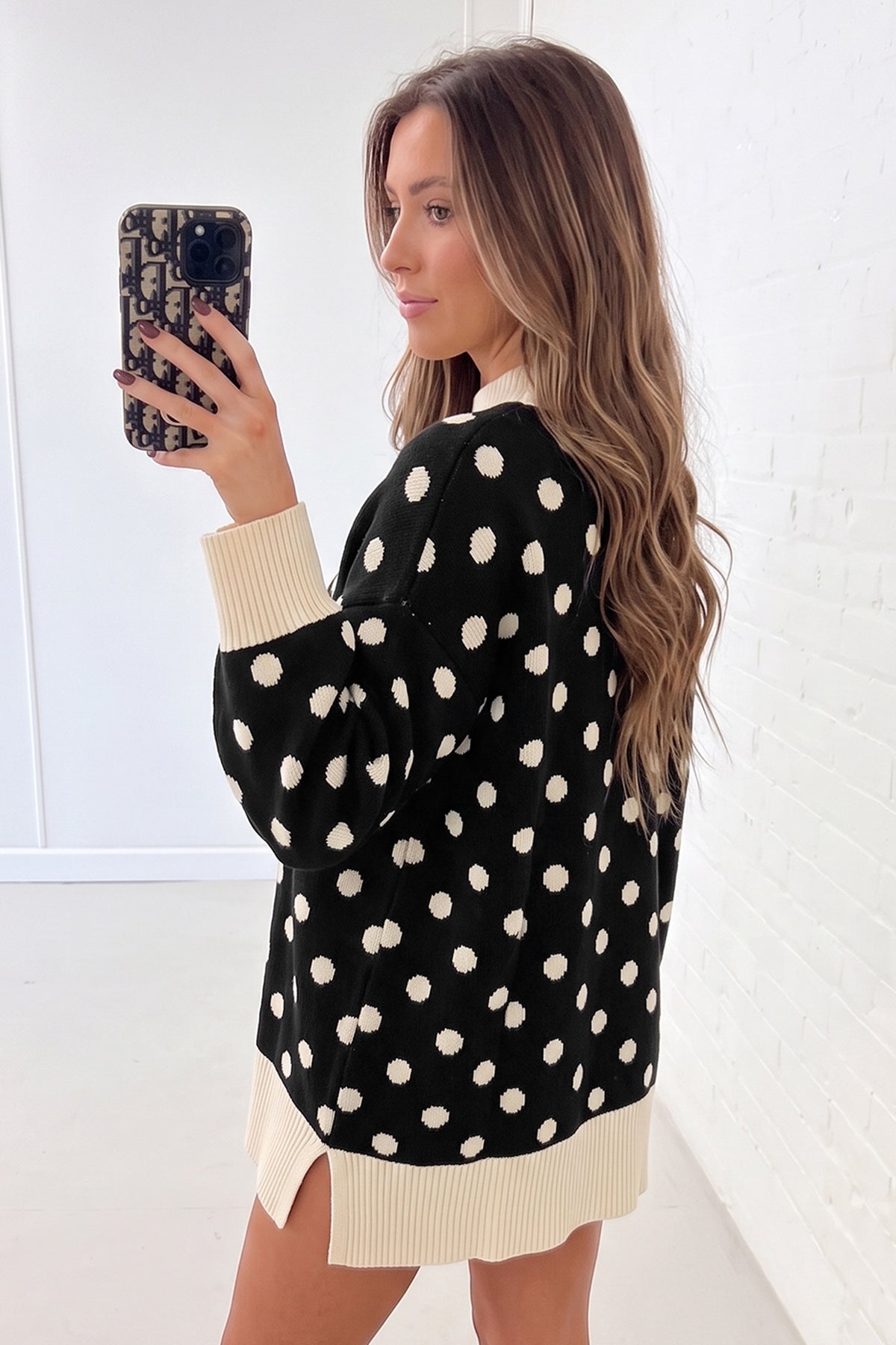 Red Polka Dot Pattern Ribbed Colorblock Trim Split Tunic Sweater