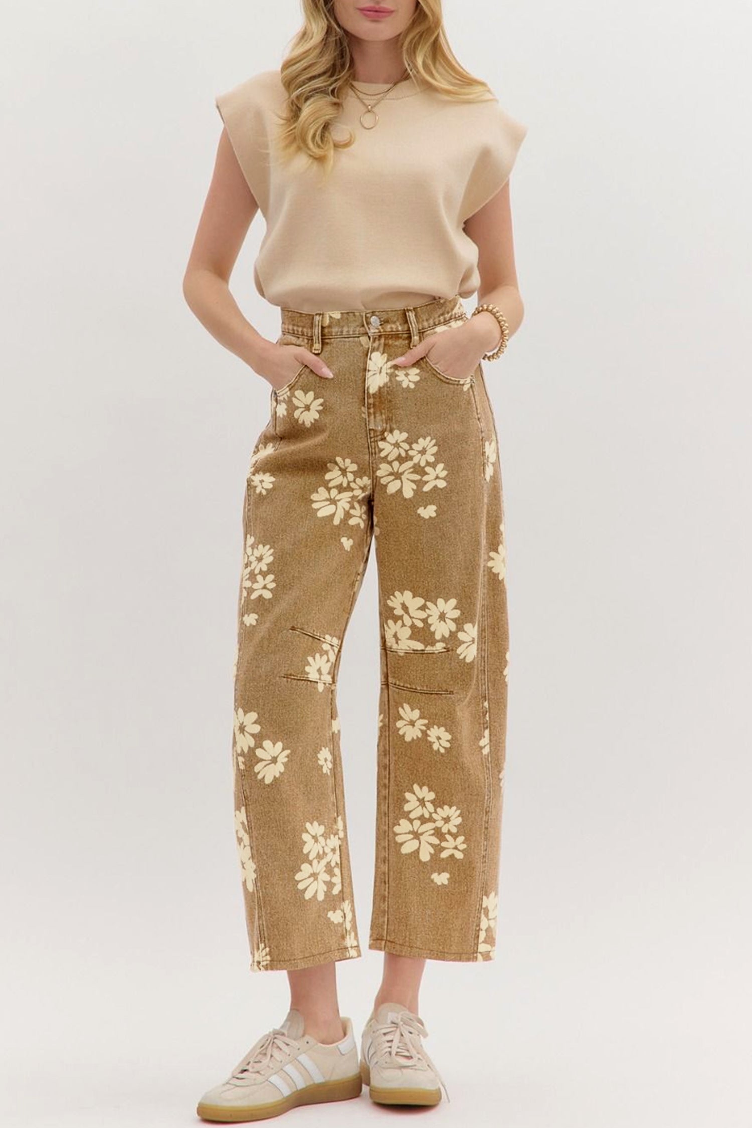 Khaki Floral Print Metal Button Pleated Straight Leg Jeans