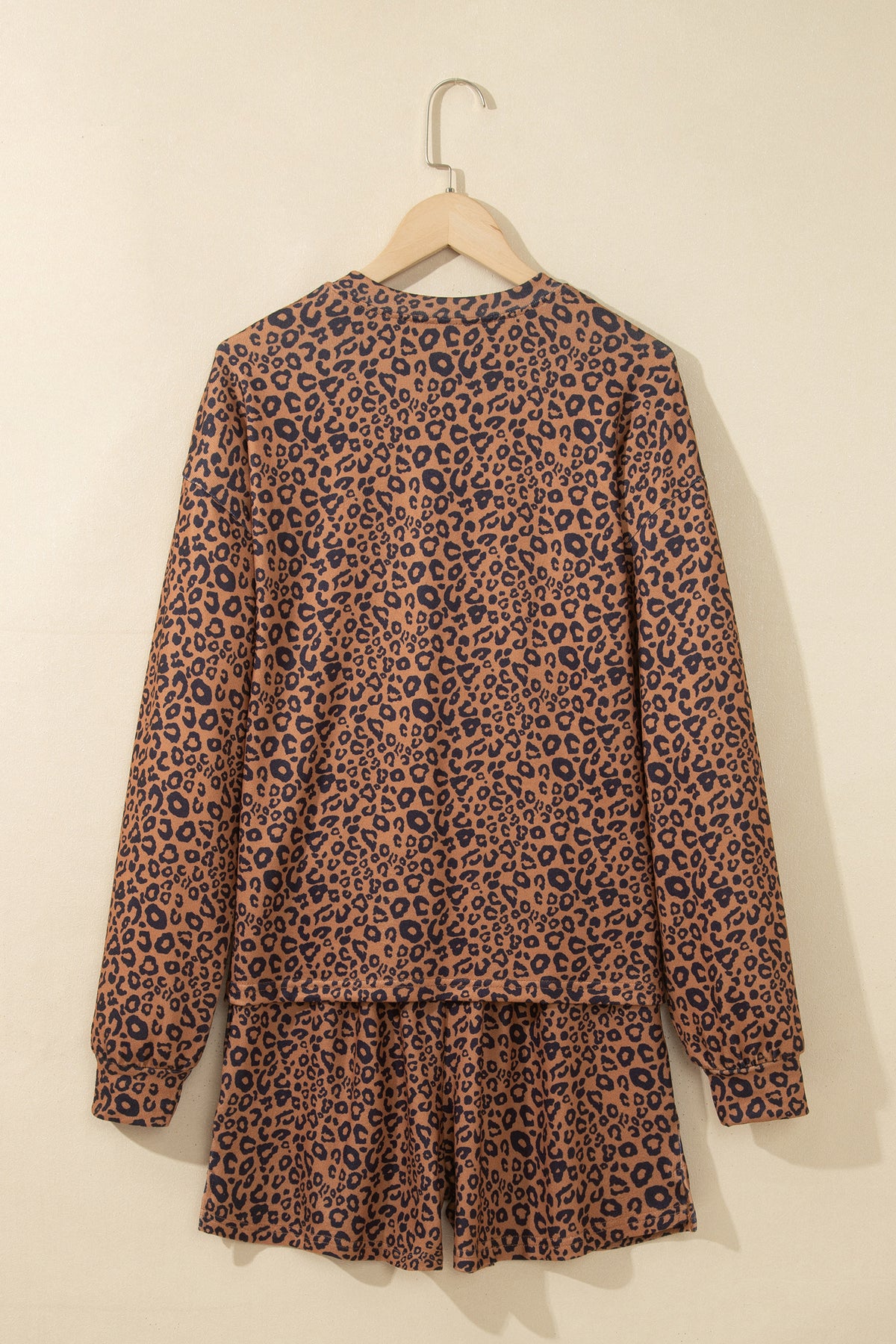 Brown Leopard Print Long Sleeve Henley Top Elastic Waist Shorts 2pcs Outfit
