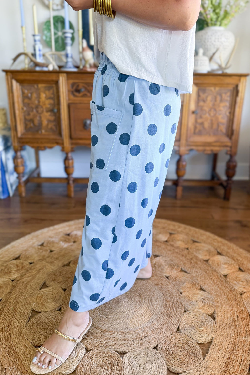 Khaki Polka Dot Elastic Waist Wide Leg Plus Size Pants