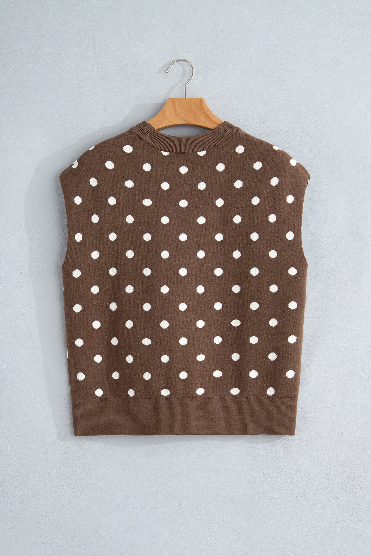 Brown Dolman Short Sleeve Round Neck Polka Dot Sweater