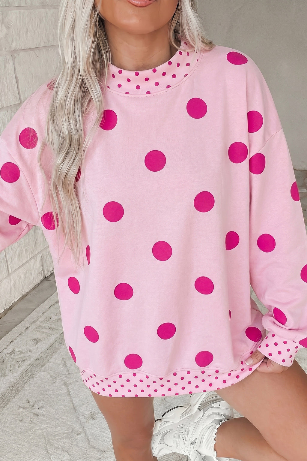 Pink Polka Dot Print Contrast Detail Oversized Tunic Sweatshirt