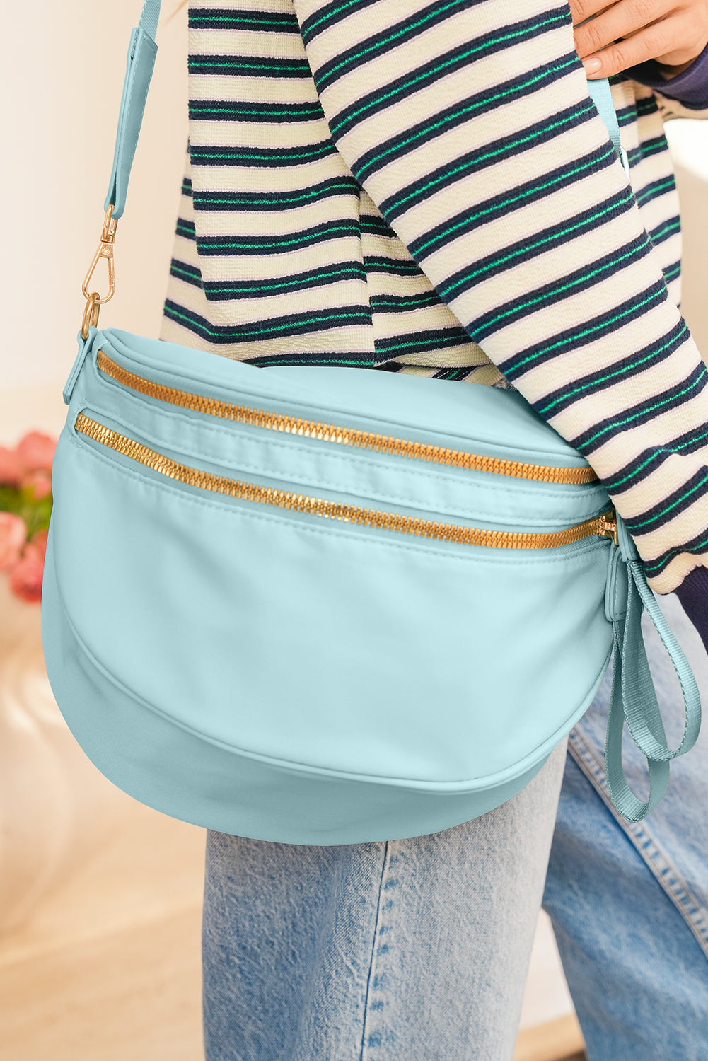 Camel Double Zip Crescent Shape Adjustable Sling Bag