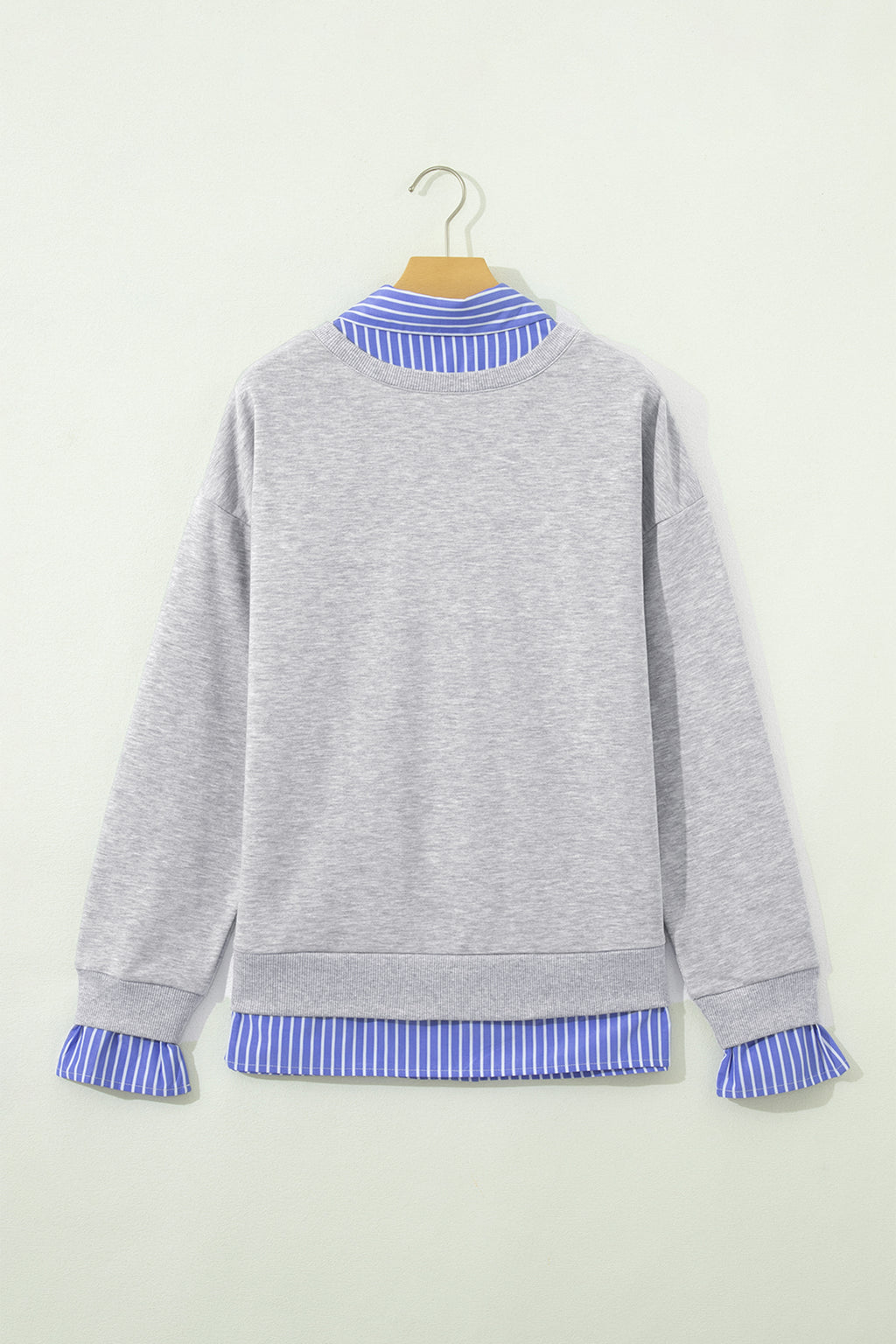 Light Grey Striped Collar 2-in-1 Patchwork Casual Loose Sweatshirt