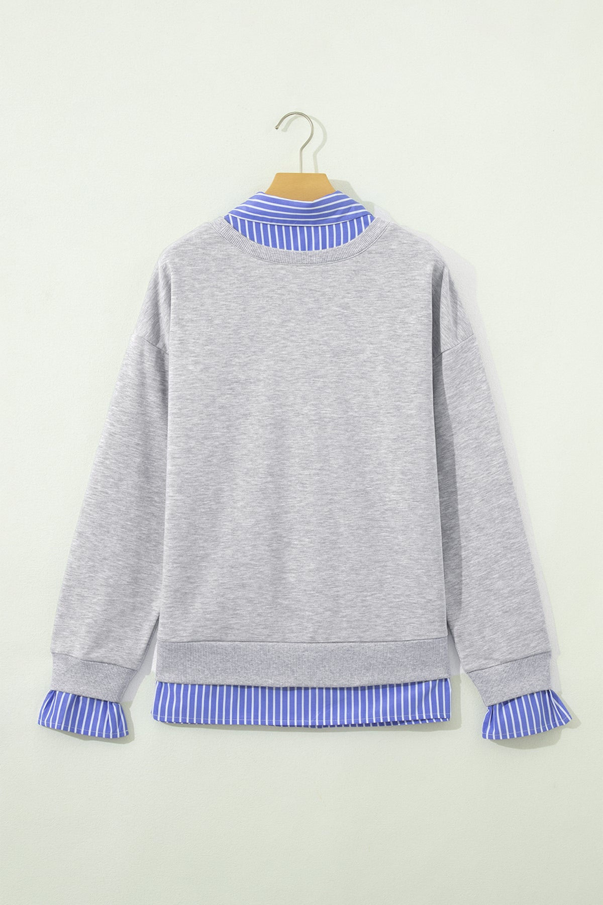 Light Grey Striped Collar 2-in-1 Patchwork Casual Loose Sweatshirt