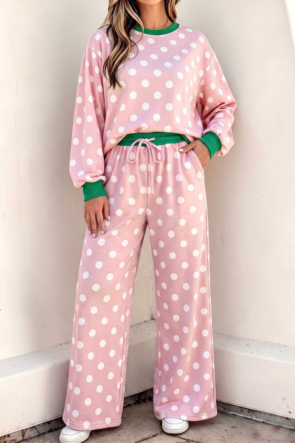 Pink Polka Dot Contrast Trim Long Sleeve Top Drawstring Shift Pants Set