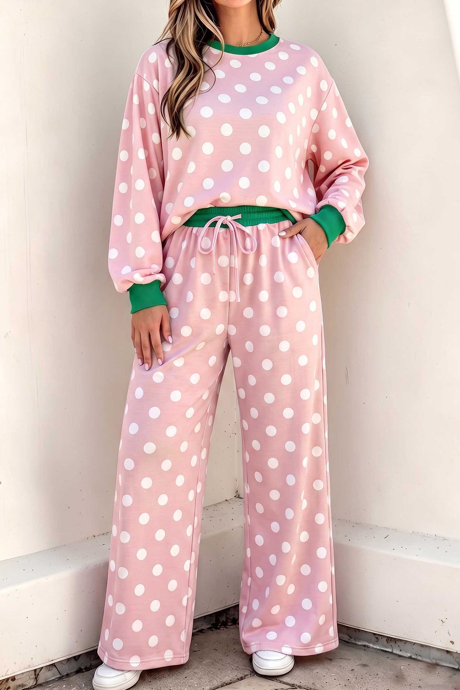 Pink Polka Dot Contrast Trim Long Sleeve Top Drawstring Shift Pants Set