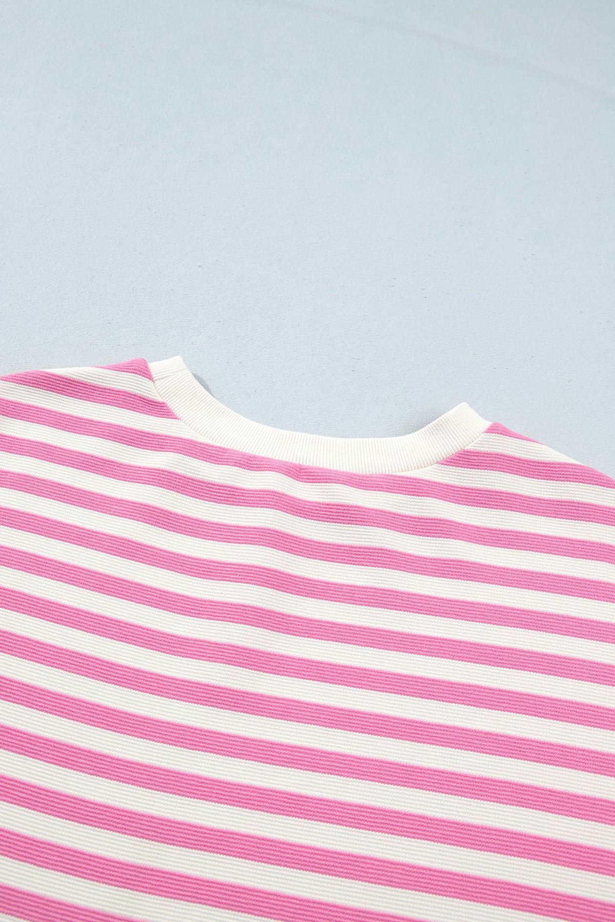 Pink Striped Long Sleeve Crew Neck Drawstring Waist Shorts Set