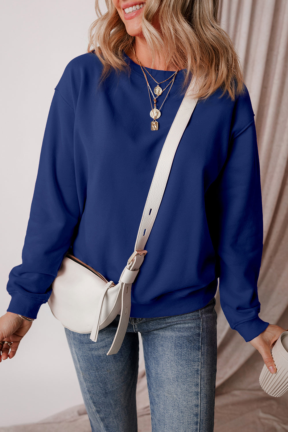 Black Solid Fleece Lined Drop Shoulder Terry Sweatshirt