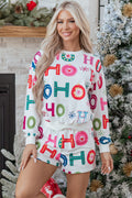 White Ho Ho Ho Christmas Fashion Print 2pcs Lounge Short Set