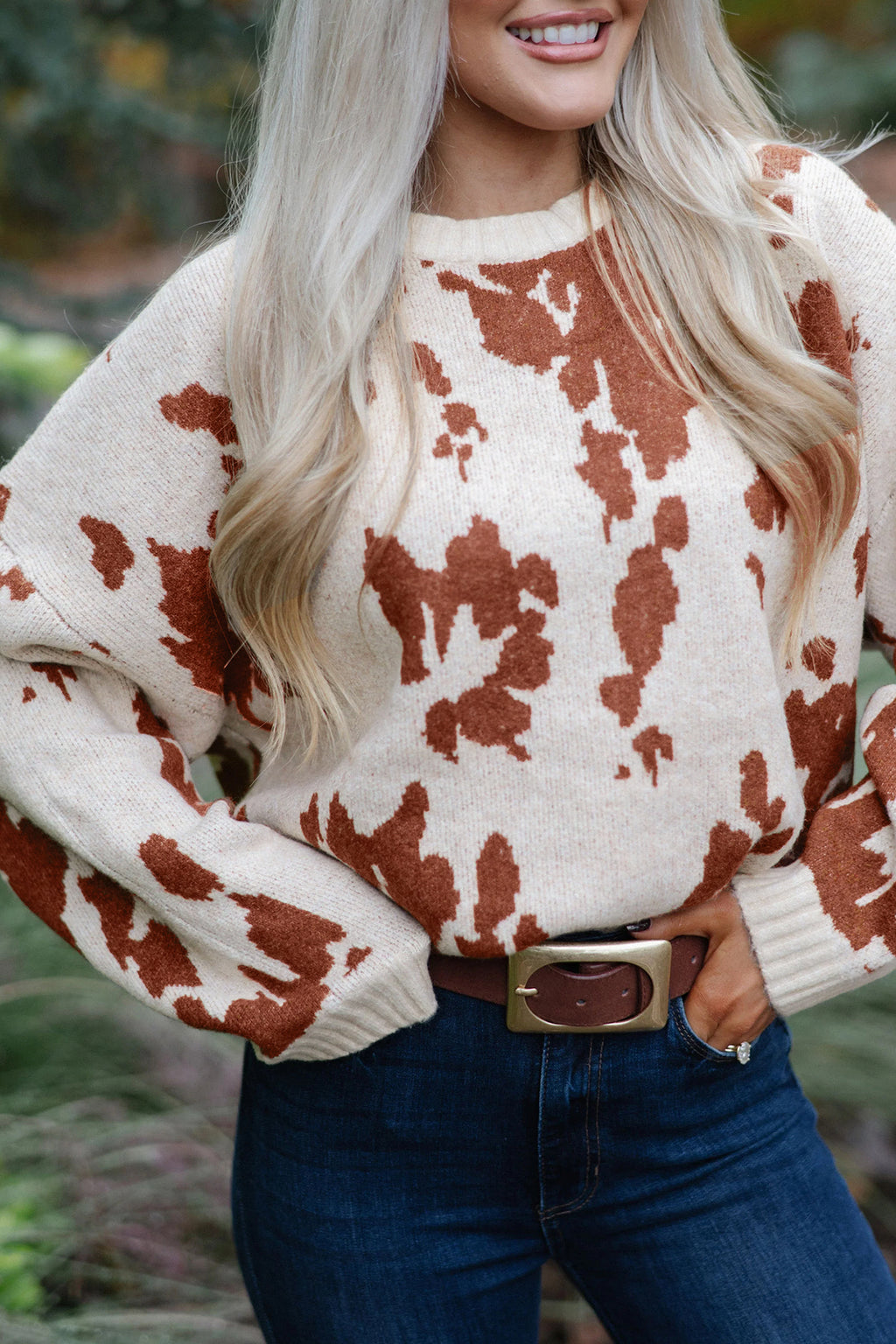 Khaki Abstract Print Drop Shoulder Long Sleeve Round Neck Sweater
