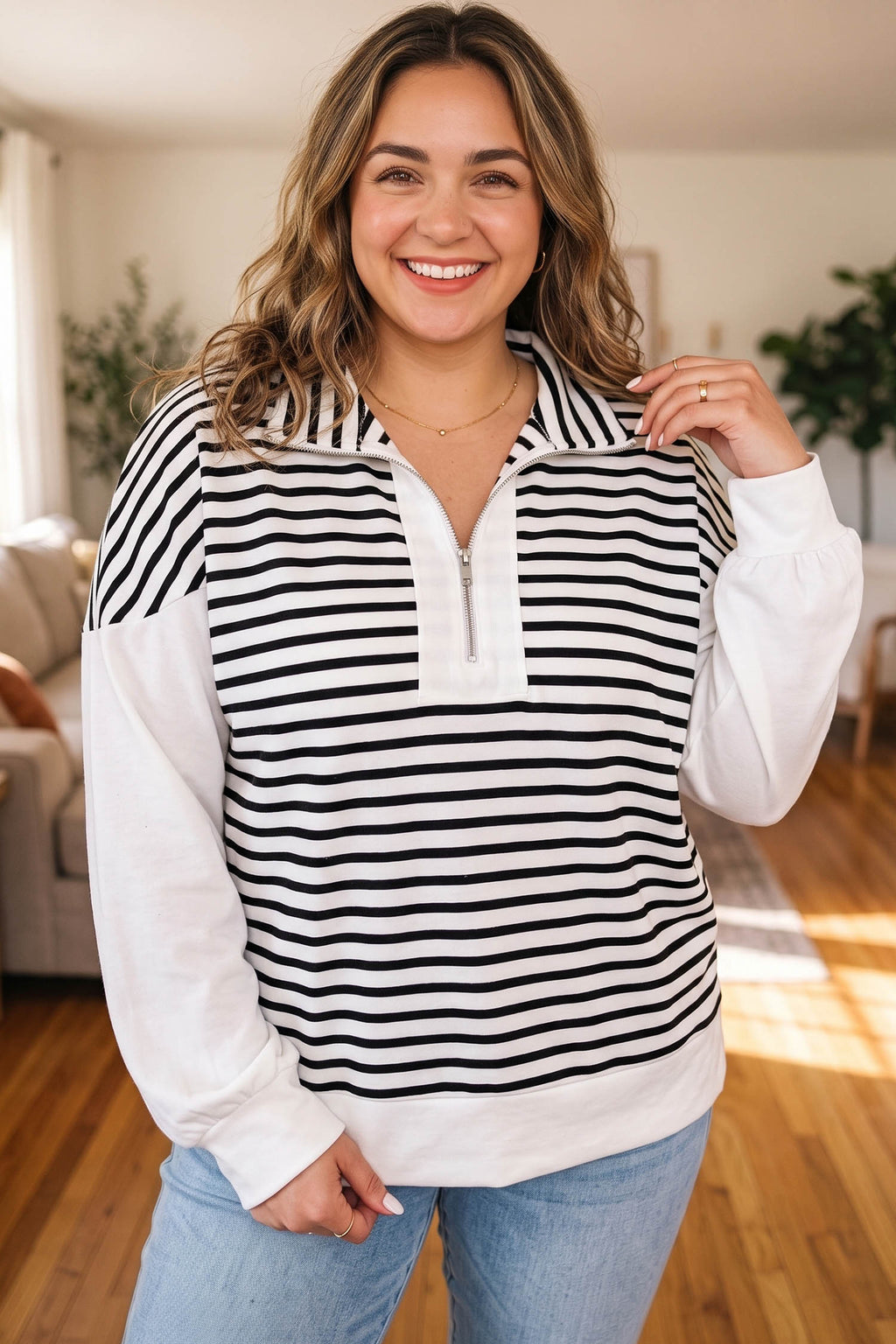 White Stripe Striped Colorblock V Neck Long Sleeve Shift Plus Size Blouse