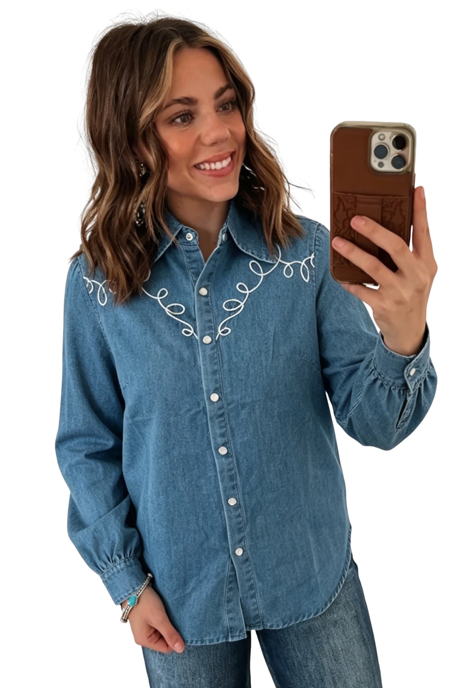 Dusk Blue Western Embroidered Collar Long Sleeve Denim Shirt