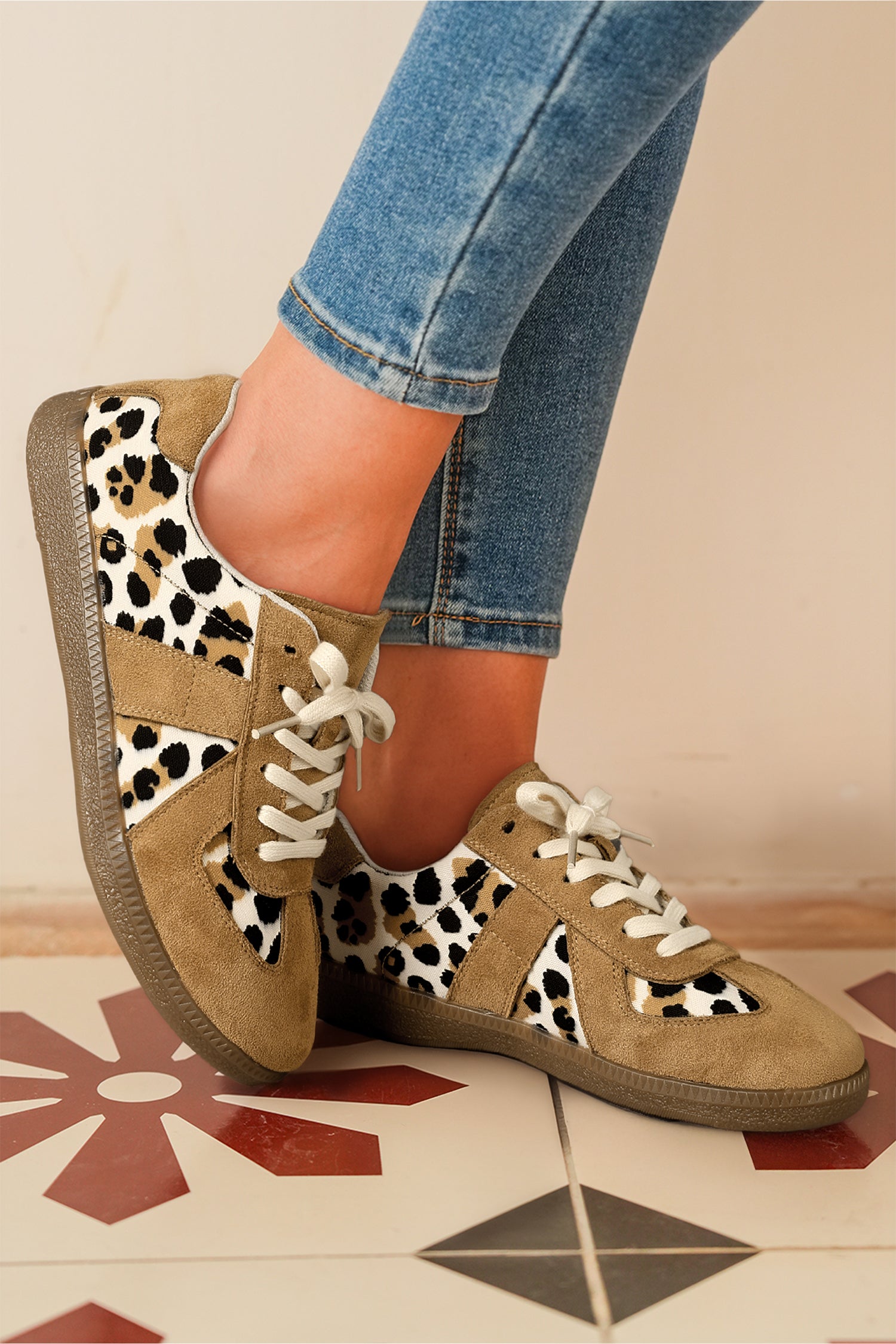 Light French Beige Color Block Leopard Print Patchwork Lace-up Flat Shoes