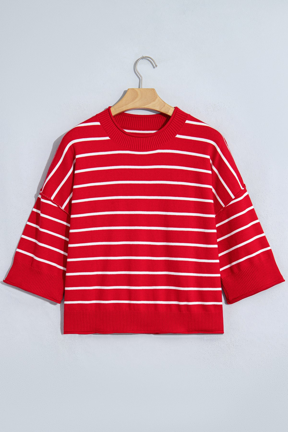 Red Stripe Dropped Shoulder Half Sleeve Relaxed Knit Sweater