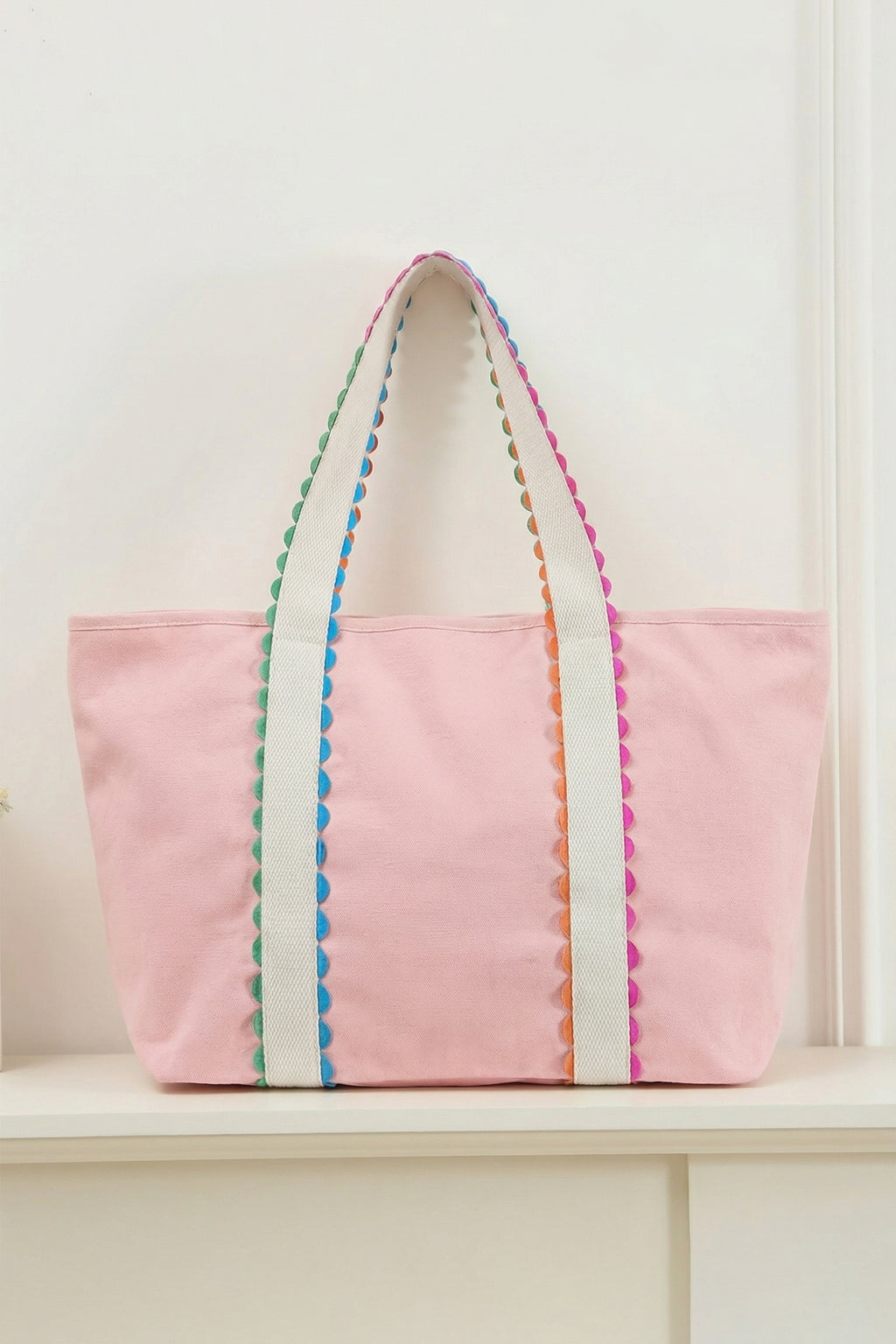 Pink Colorful Ricrac Detail Canvas Tote Bag