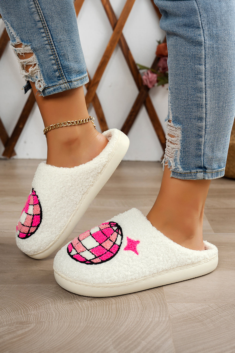 Black Disco Ball Print Fuzzy Winter House Slippers