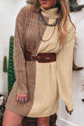 Parchment Cable Contrast Color Block Turtleneck Sweater Mini Dress