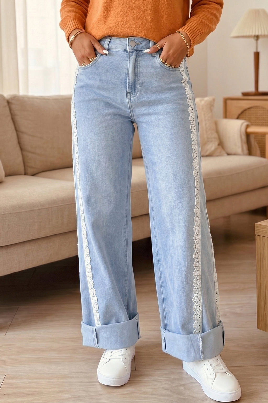 Beau Blue Lace Trim Casual Full-Length Regular Fit Jeans