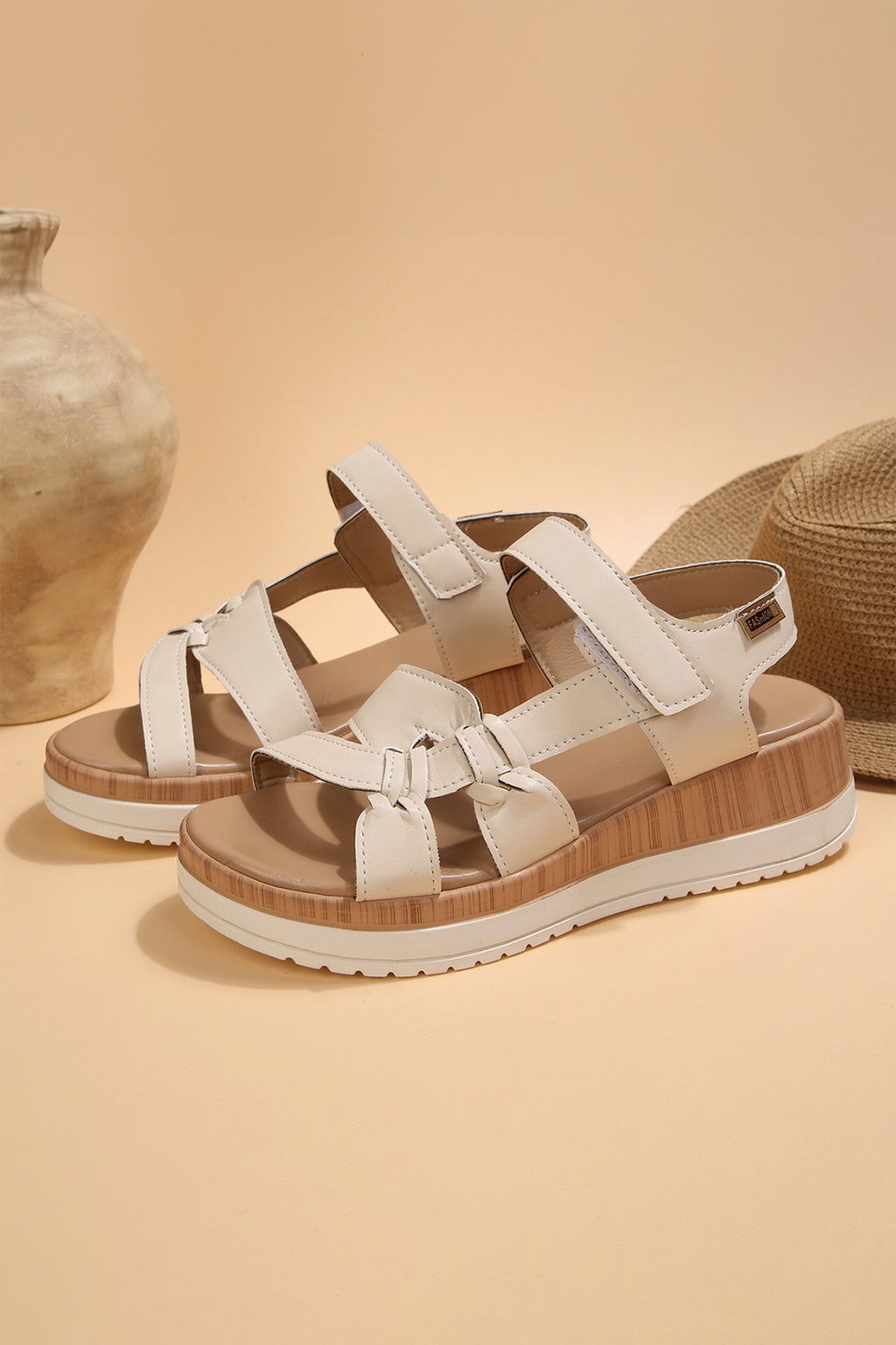 Beige Low Cut PU Leather Slip-on TPR Sole Casual Sandals