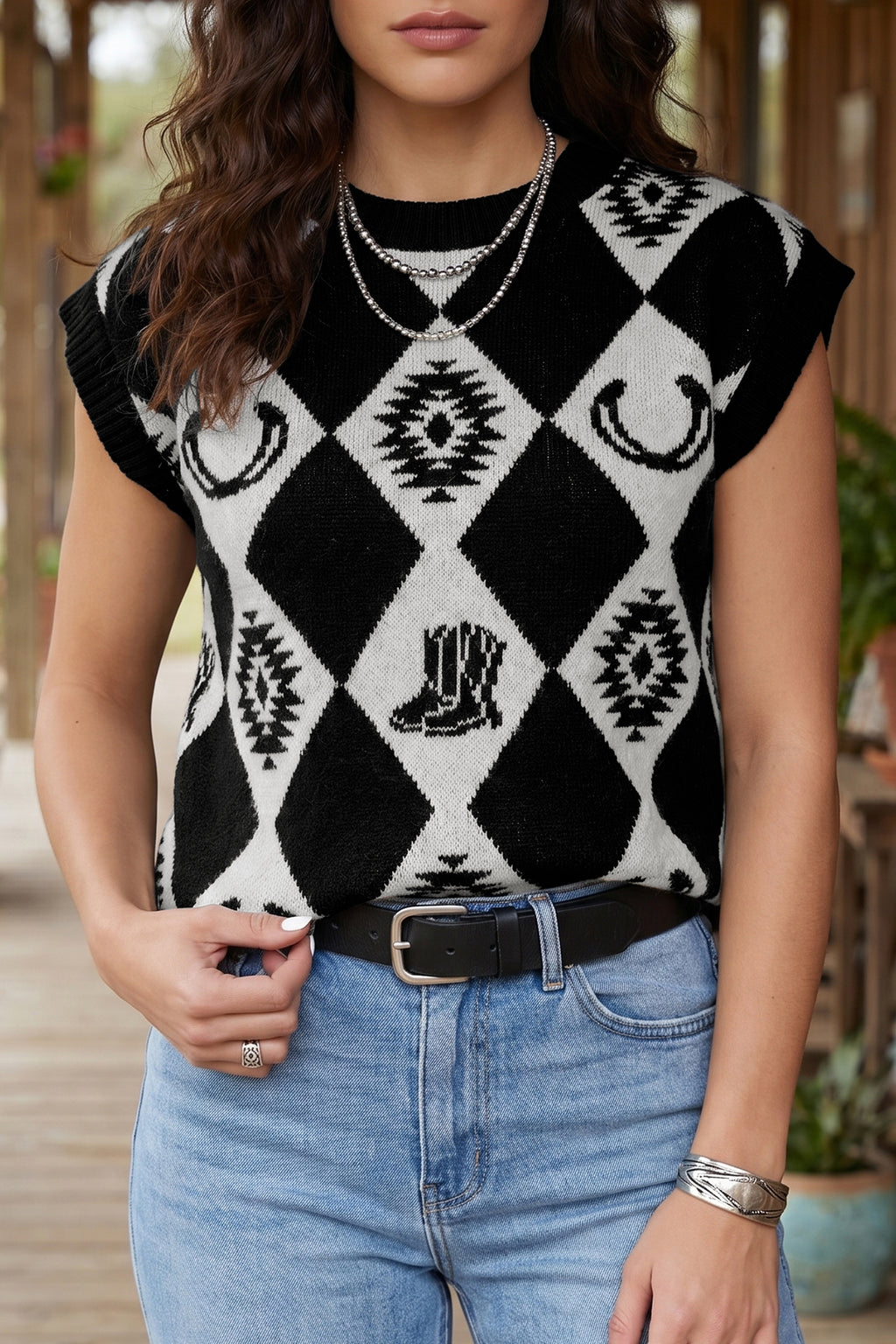 Black Retro Rhombus Western Print Drop Shoulder Short Sleeve Sweater