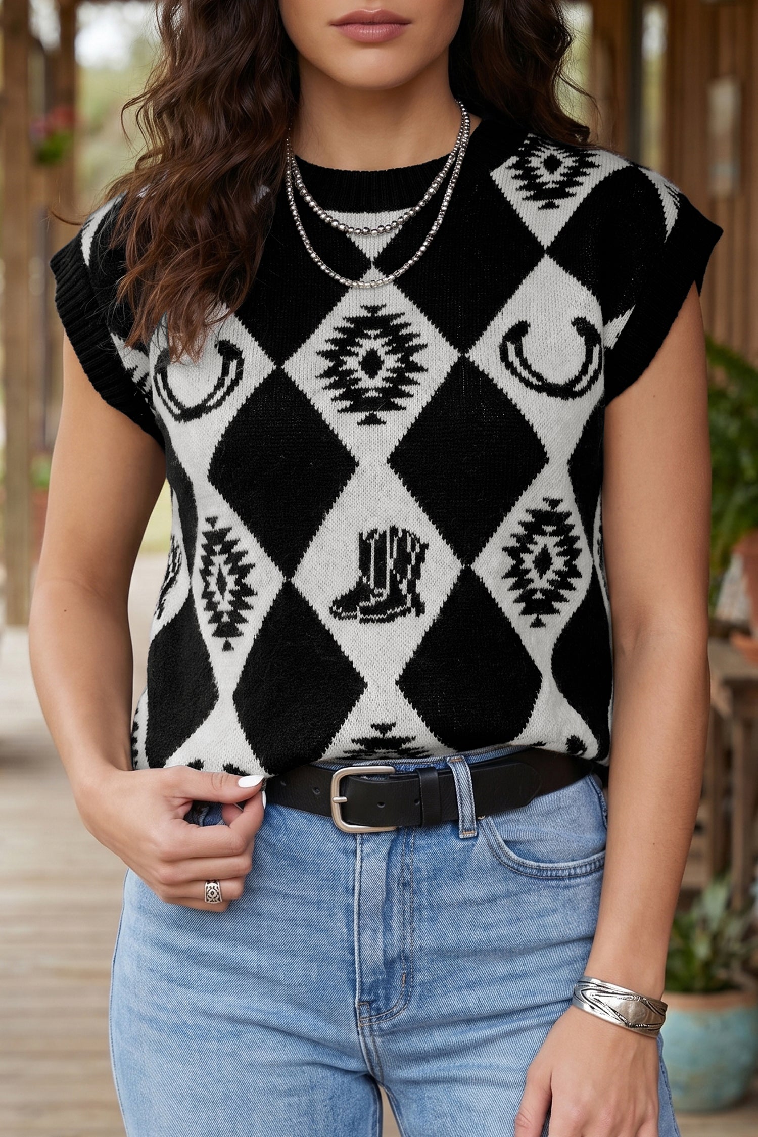 Black Retro Rhombus Western Print Drop Shoulder Short Sleeve Sweater