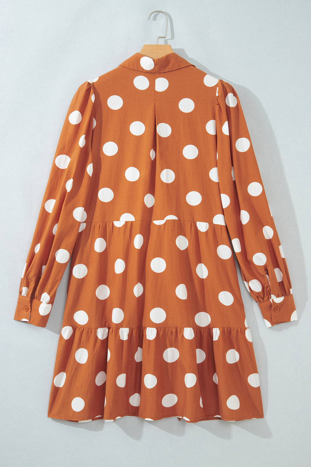 Brown Polka Dot Long Sleeve Tie Waist Casual Shift Mini Dress