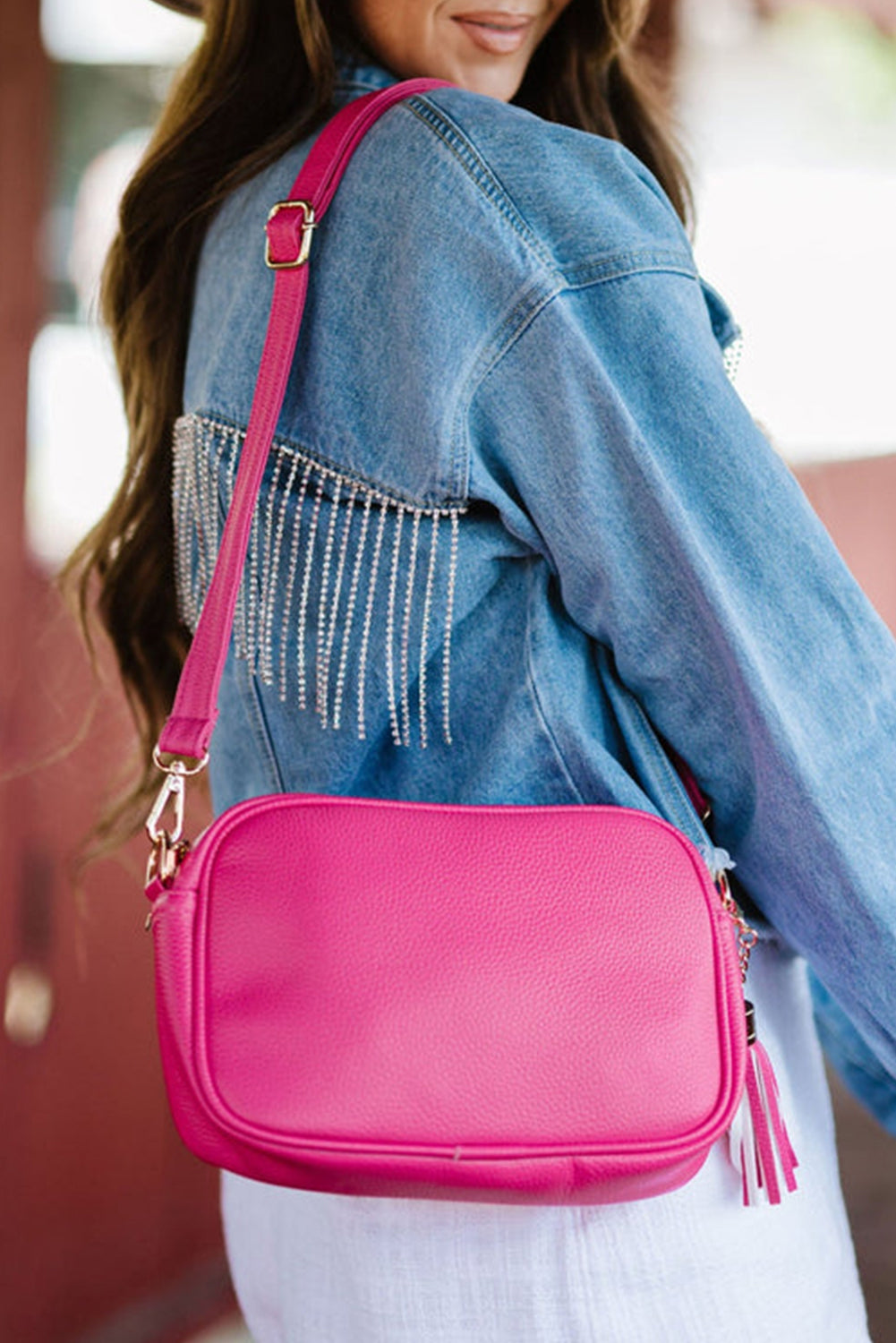 Rose Red Minimalist Square Shoulder Bag with Tassel