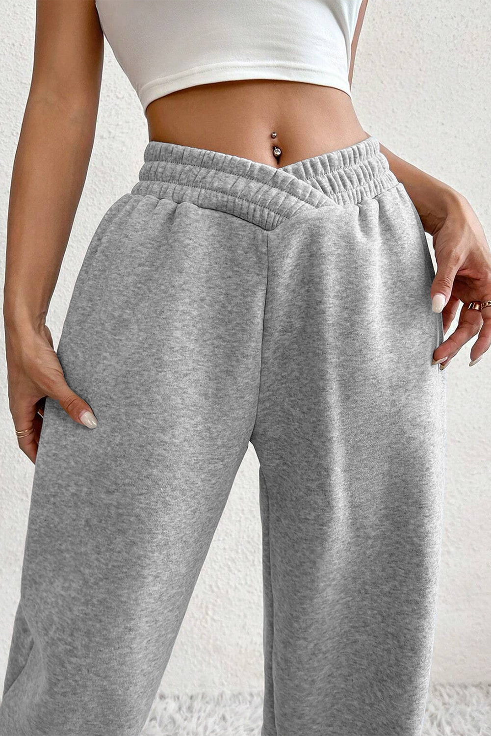 Light Grey Solid Color Crisscross Elastic Waist Sweatpants
