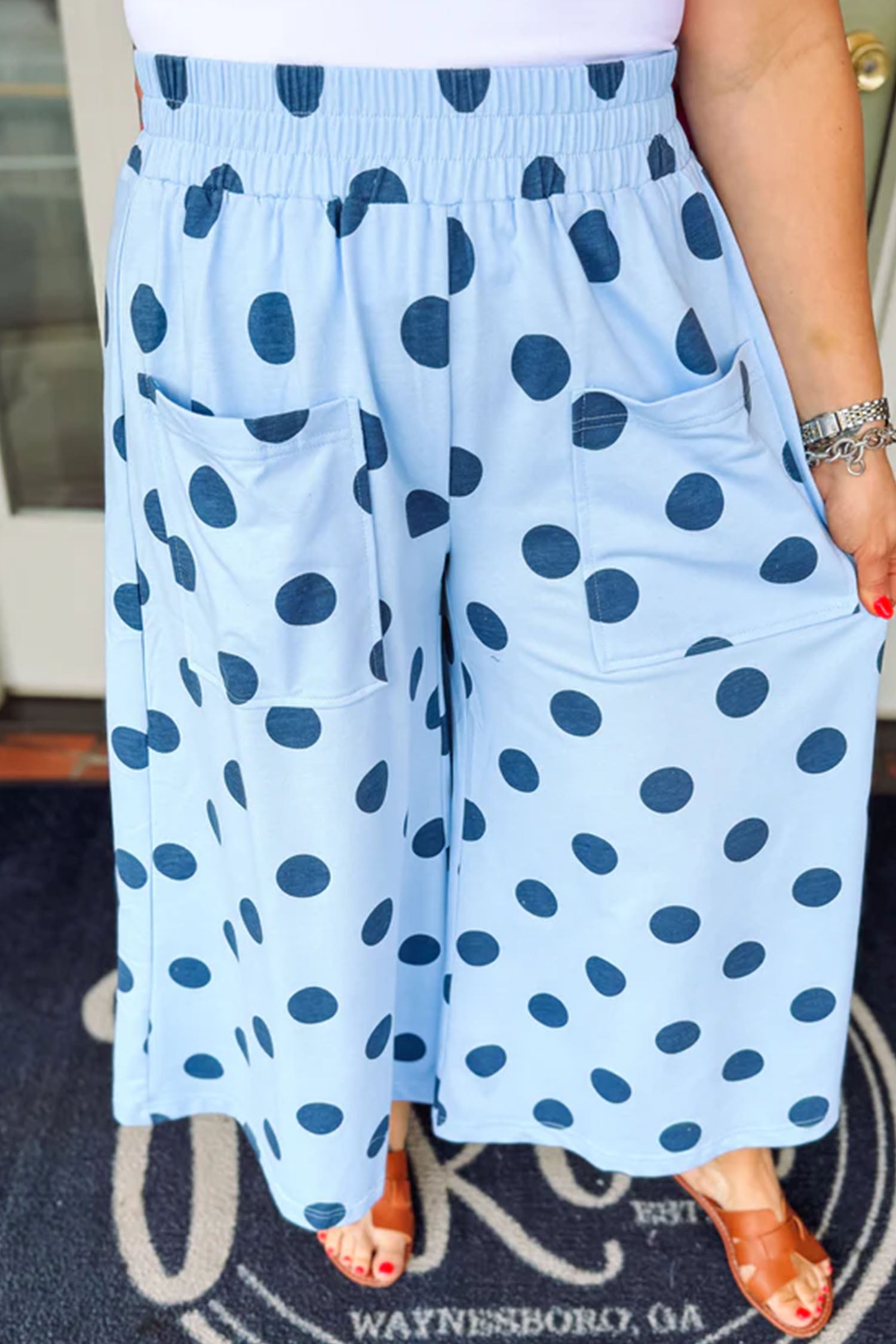 Khaki Polka Dot Elastic Waist Wide Leg Plus Size Pants