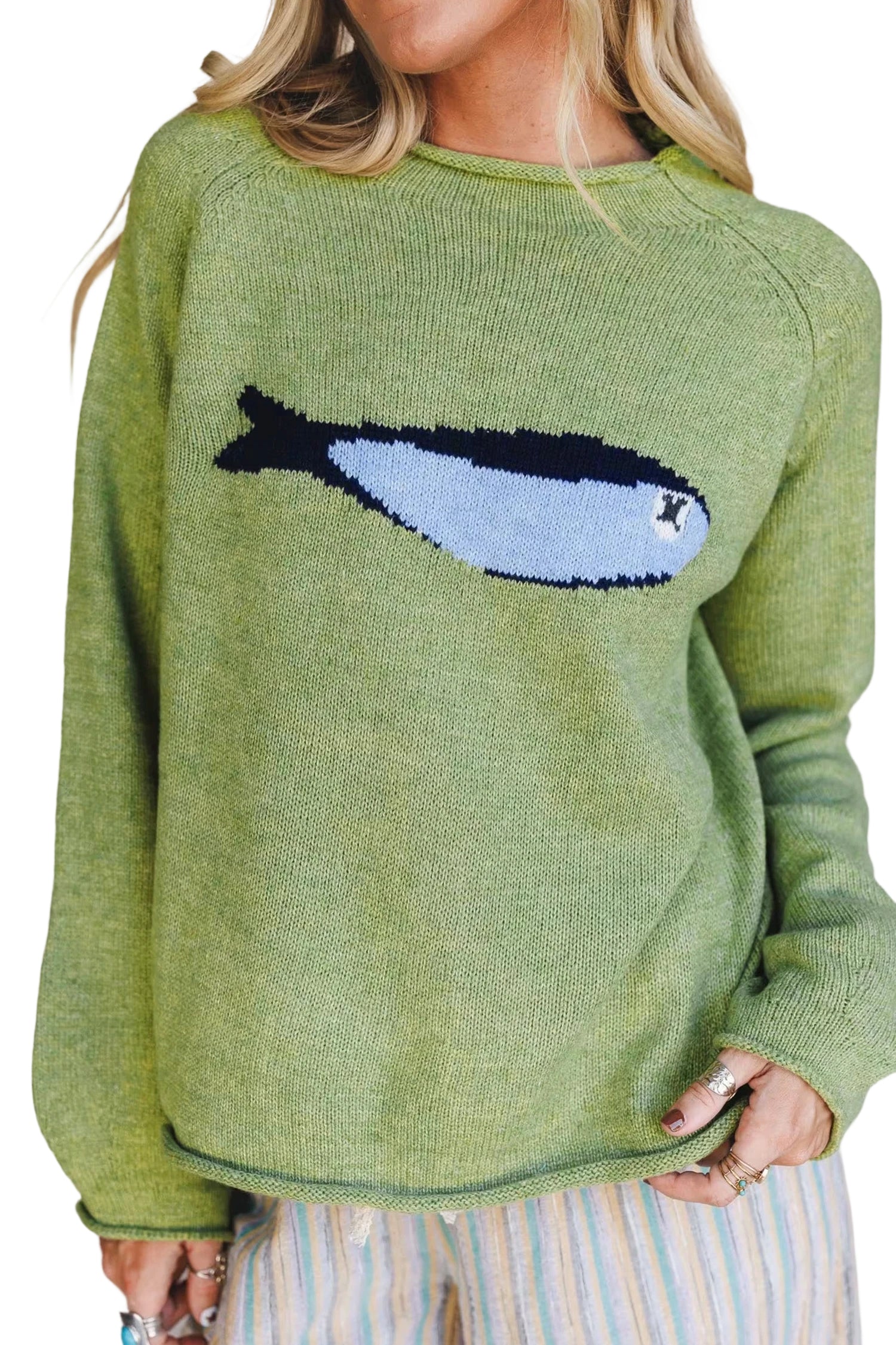Meadow Mist Green Unique Fish Knit Oversized Round Neck Sweater