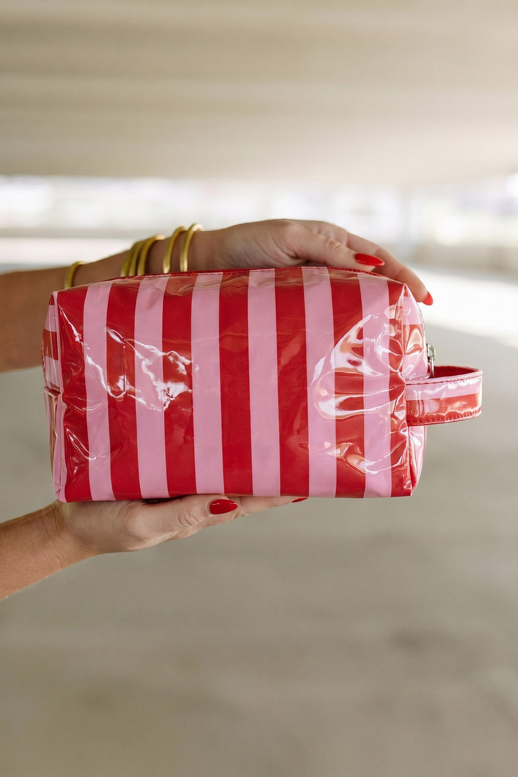 Fiery Red PVC Striped Cosmetic Bag Durable Zipper Handle Travel Organizer