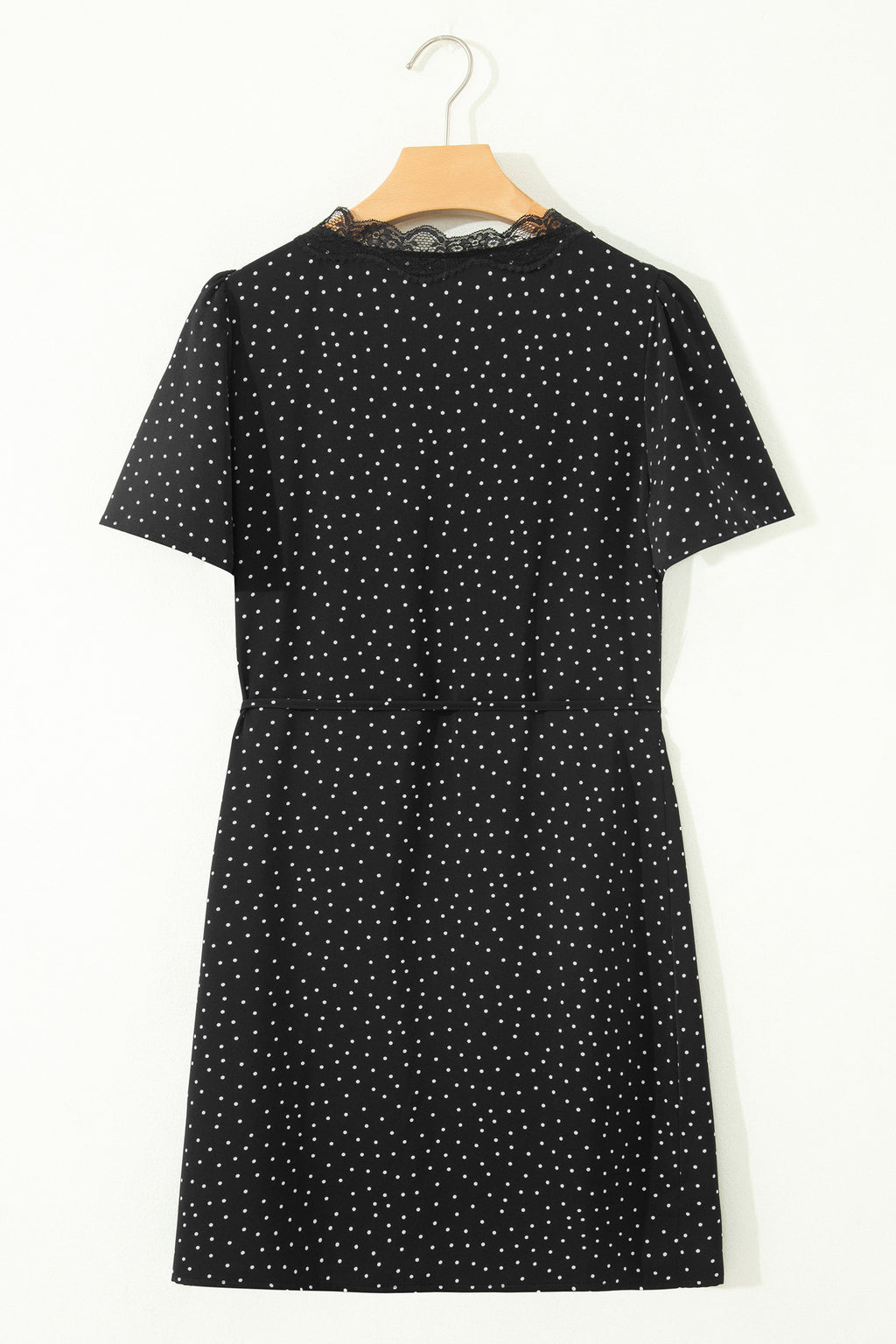 Black Polka Dot Print Lace Trim Wrap Mini Dress