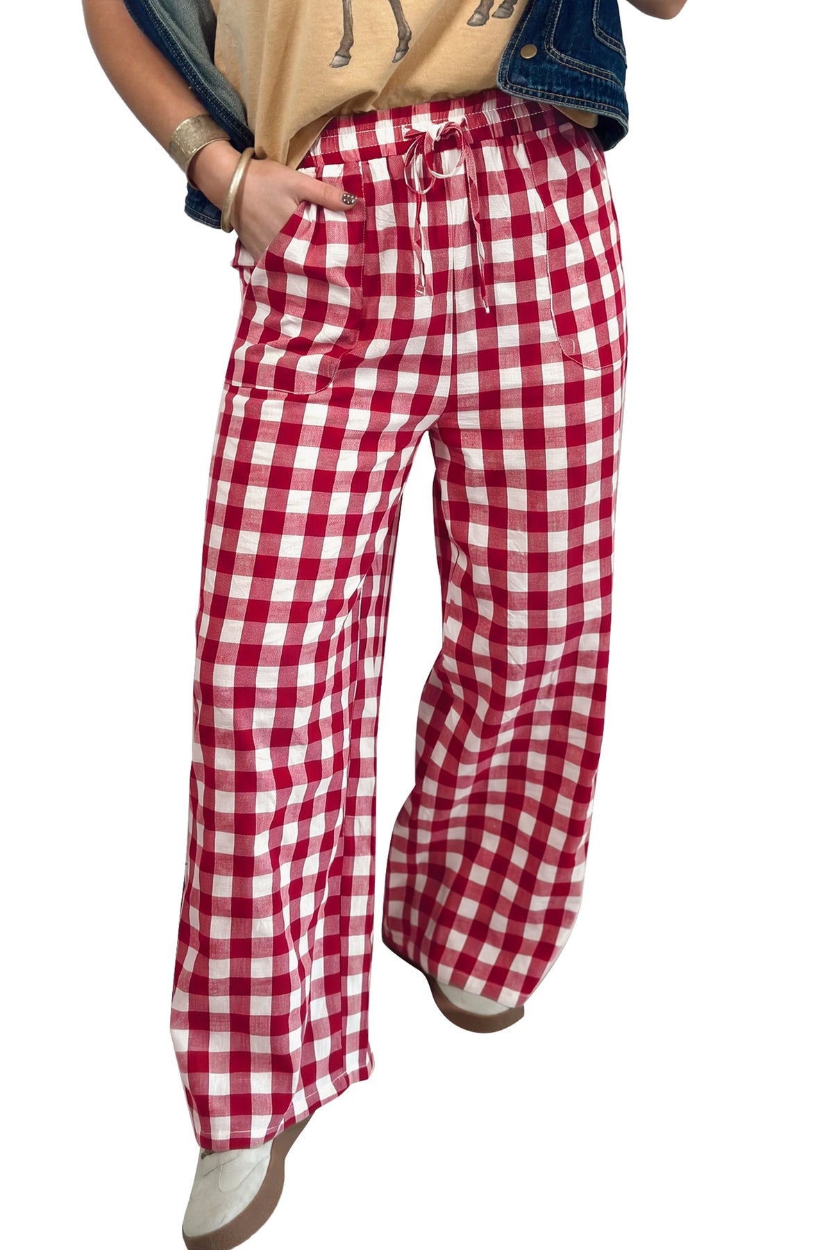 Red Gingham Plaid Tie Elastic Waist Shift Pants