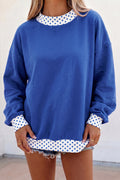 Dark Blue Colorblock Polka Dot Contrast Trim Oversized Sweatshirt