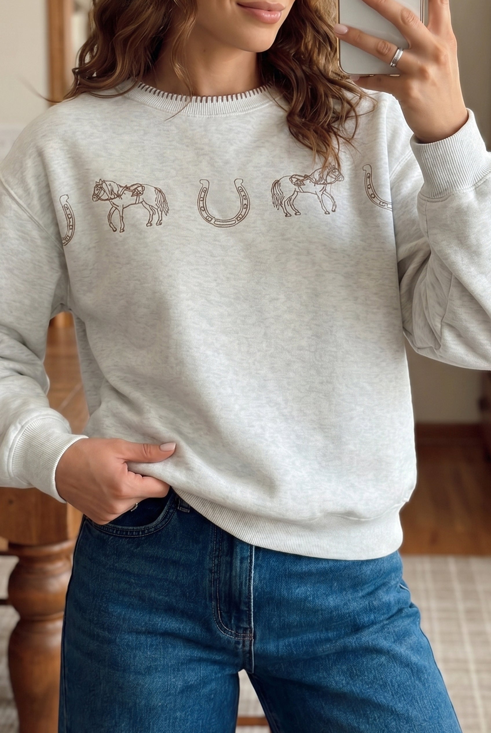 Light Grey Western Print Embroidered Casual Sweatshirt