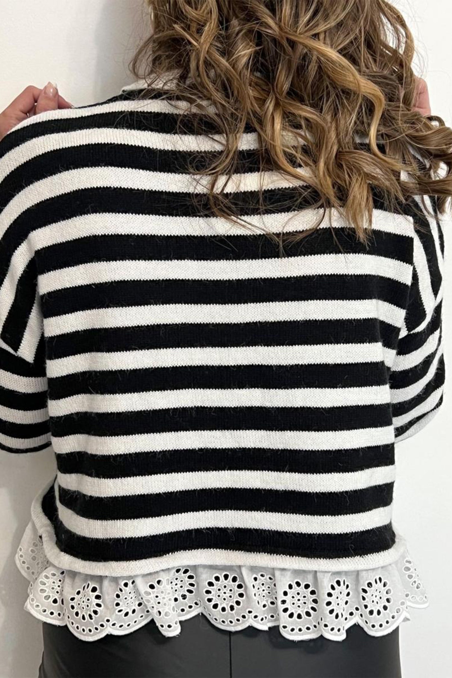 Black Striped High Neck Contrast Ruffle Detail Casual Sweater