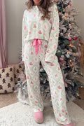White Long Sleeve Patchwork Shift Christmas Daily Wear Lounge Set