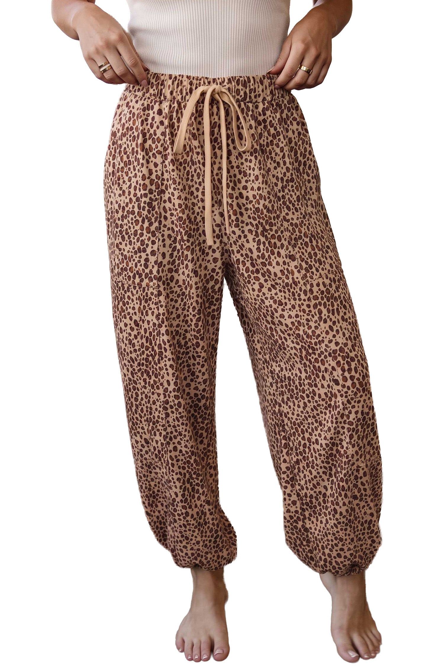 Khaki Leopard Print Drawstring Waist Patch Pockets Pants