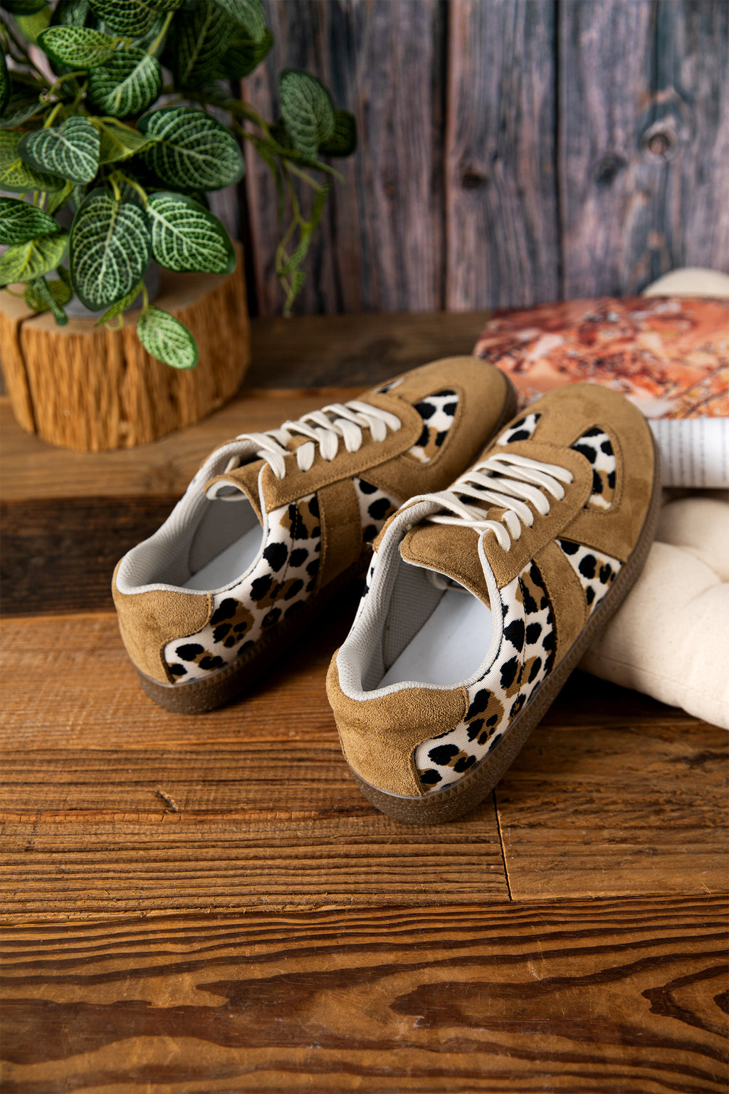 Light French Beige Color Block Leopard Print Patchwork Lace-up Flat Shoes
