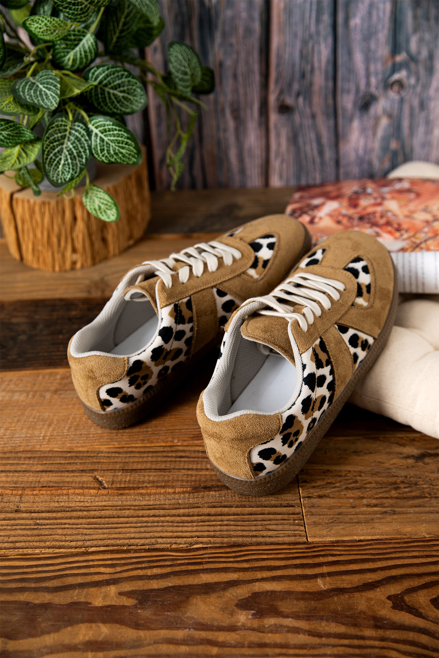 Light French Beige Color Block Leopard Print Patchwork Lace-up Flat Shoes