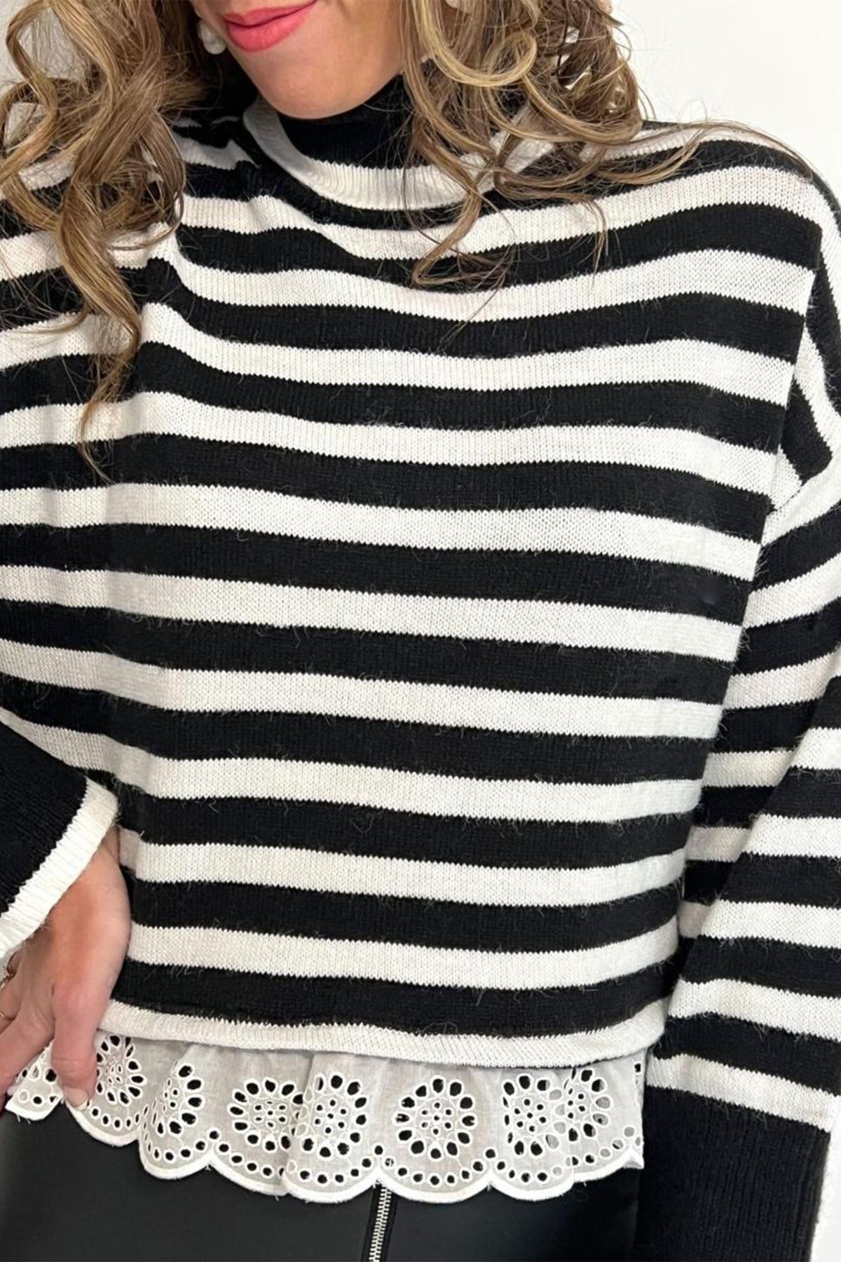 Black Striped High Neck Contrast Ruffle Detail Casual Sweater