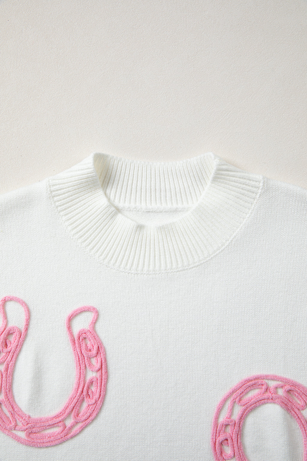 White Corded Horseshoes Ribbed Trim Mock Neck Short Sleeve Sweater