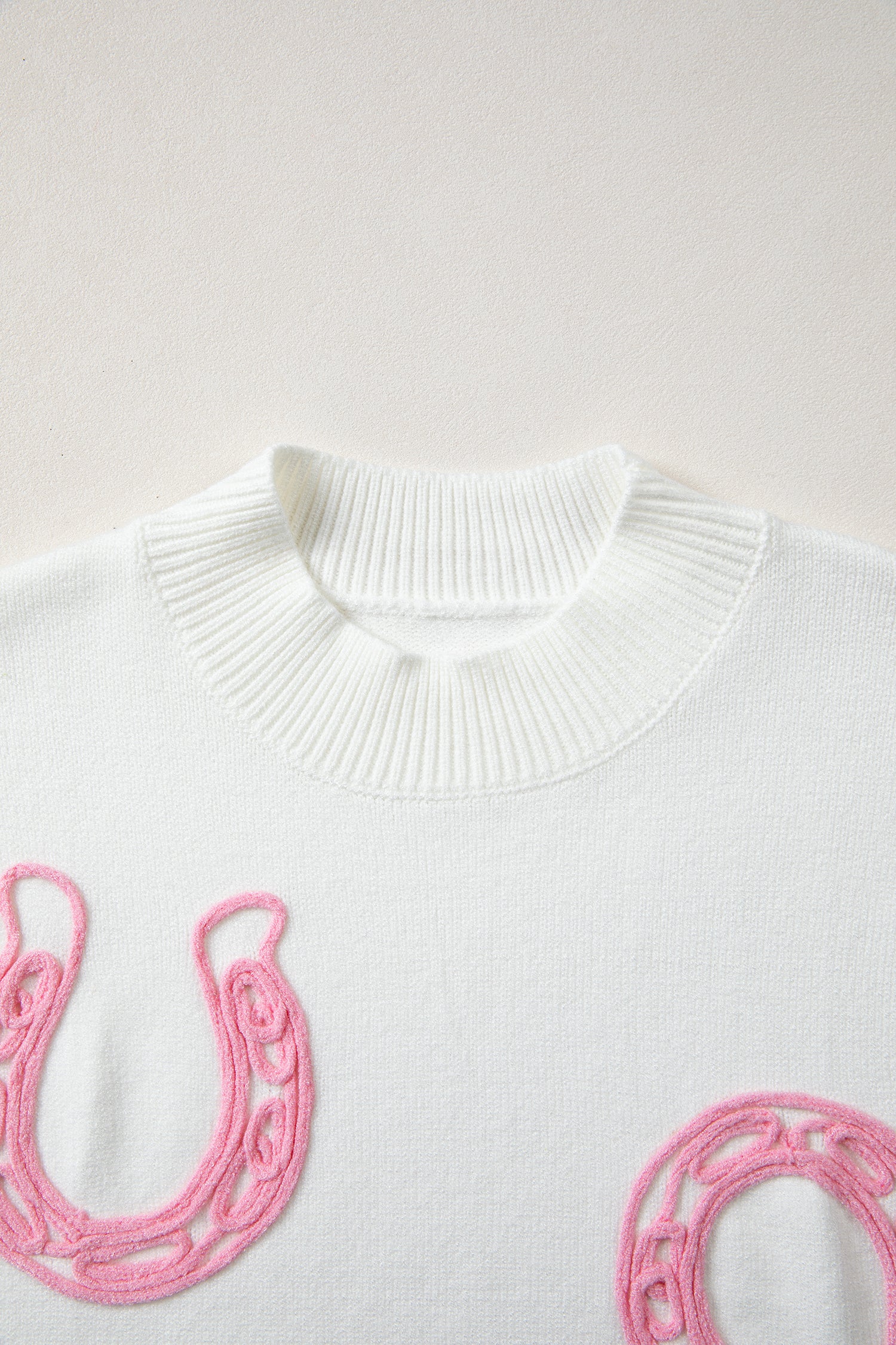 White Corded Horseshoes Ribbed Trim Mock Neck Short Sleeve Sweater