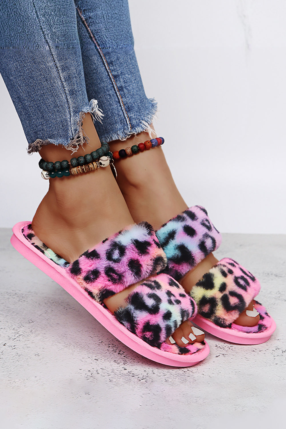 Rose Red Bold Plush Leopard Double Band Flat Slippers