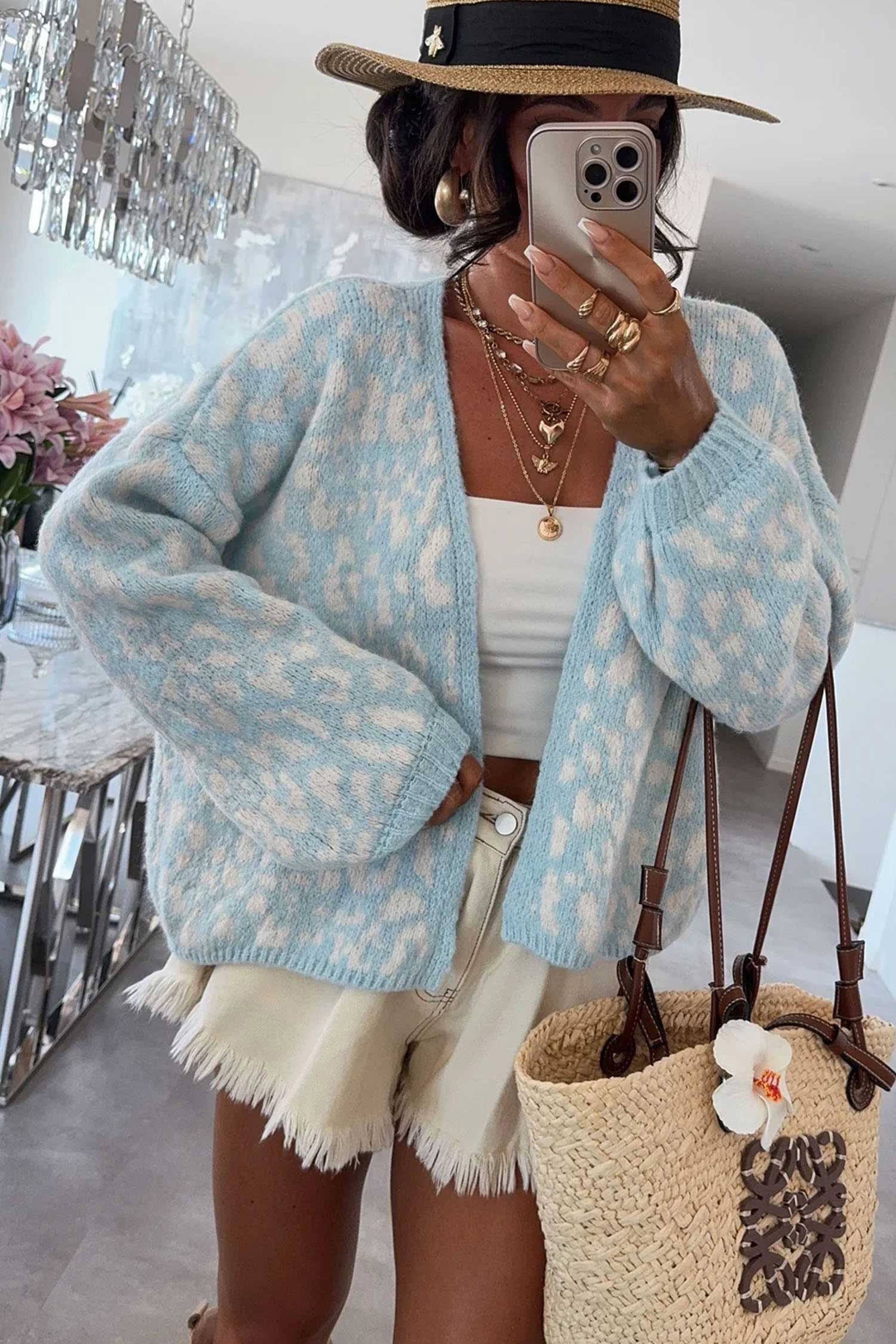 Light Blue Leopard Print V Neck Long Sleeve Loose Fit Knit Cardigan