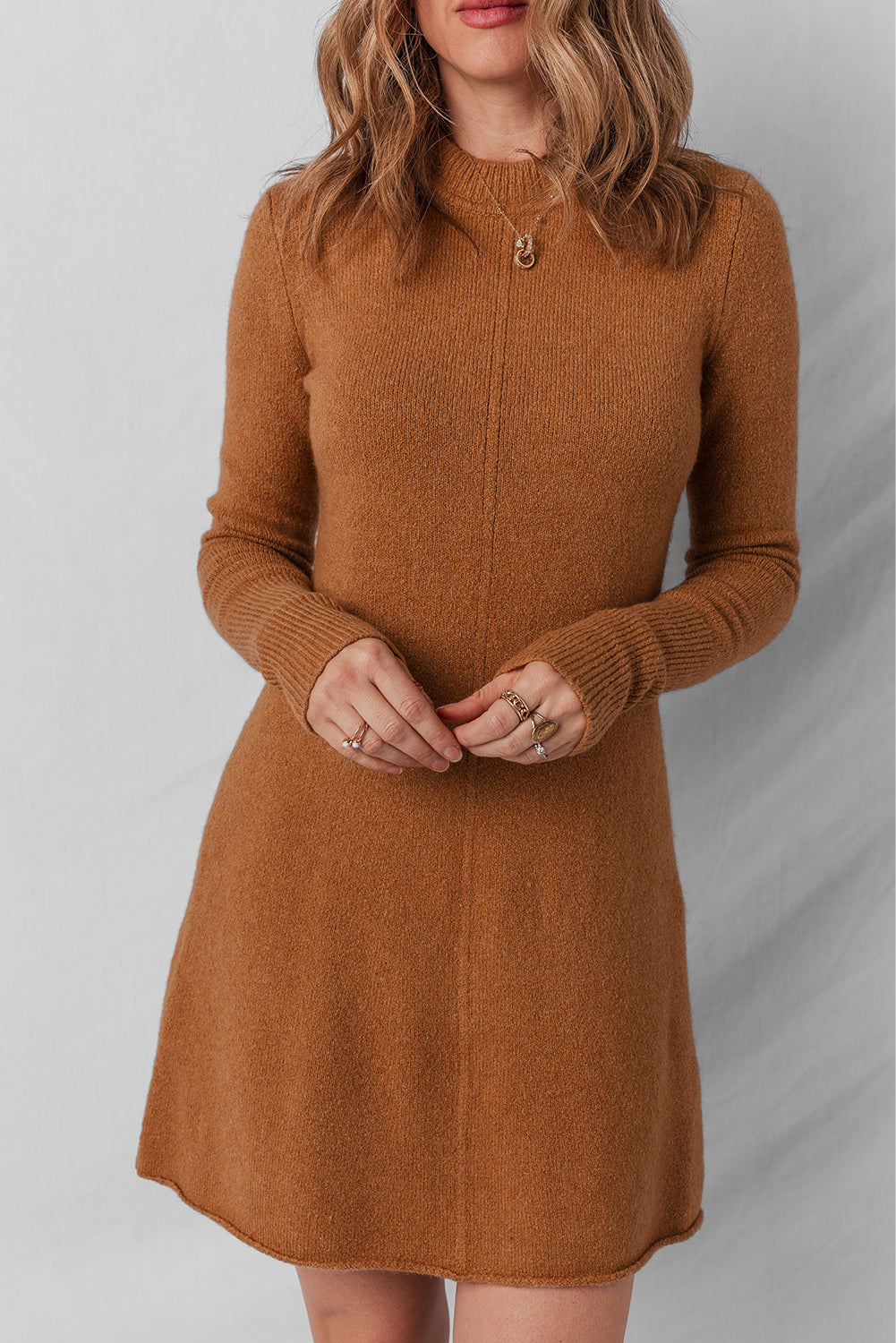 Straw Yellow Ribbed Detail Solid Color Mini Sweater Dress