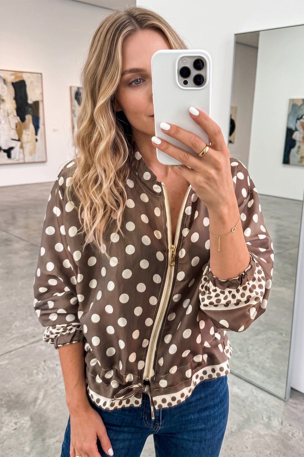 Brown Polka Dot Contrast Detail Zip-Up Long Sleeve Shacket